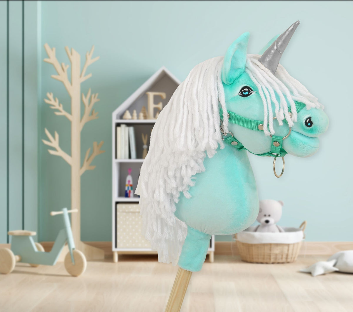 Hobby Horse Unicorn on a stick - mint with white mane and silver horn A4