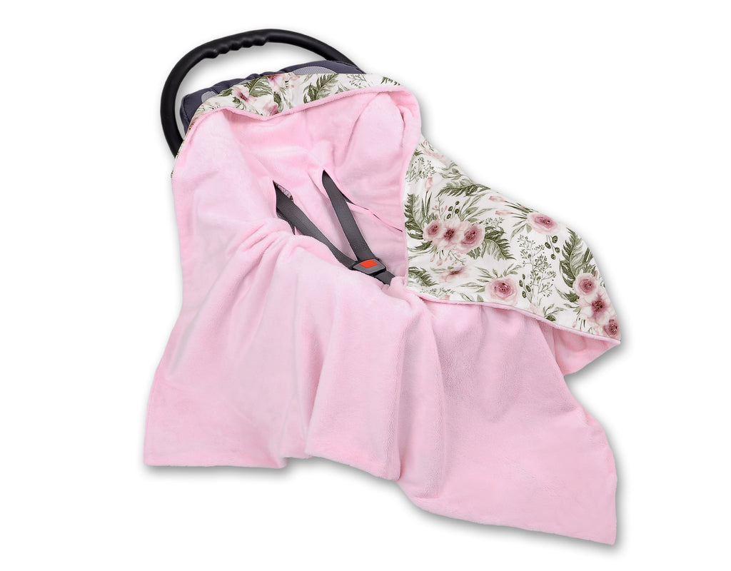 Big double-sided car seat blanket for babies - peony flower pink
