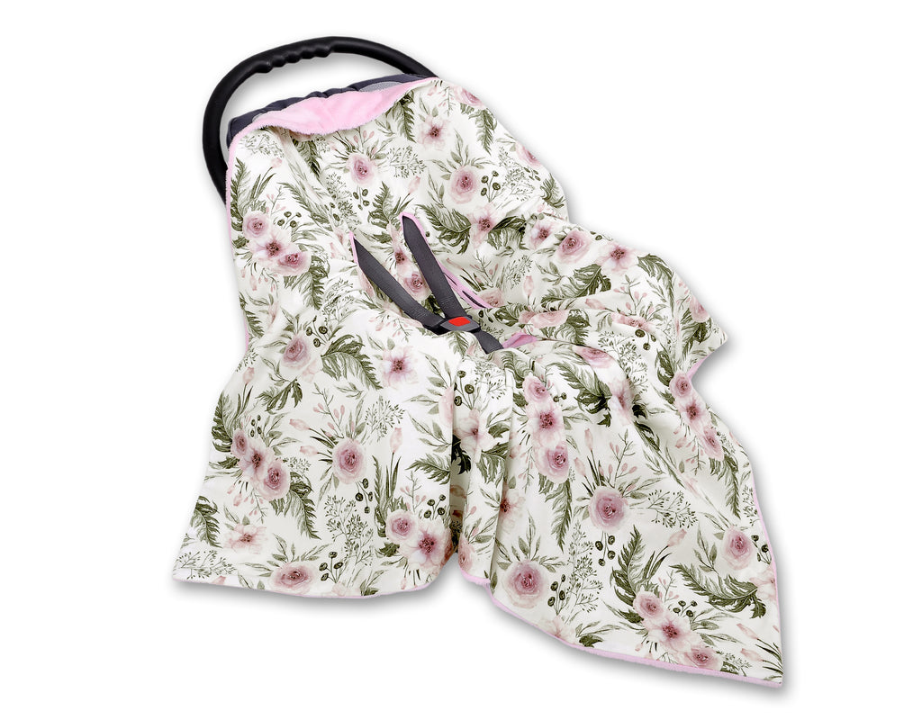 Big double-sided car seat blanket for babies - peony flower pink