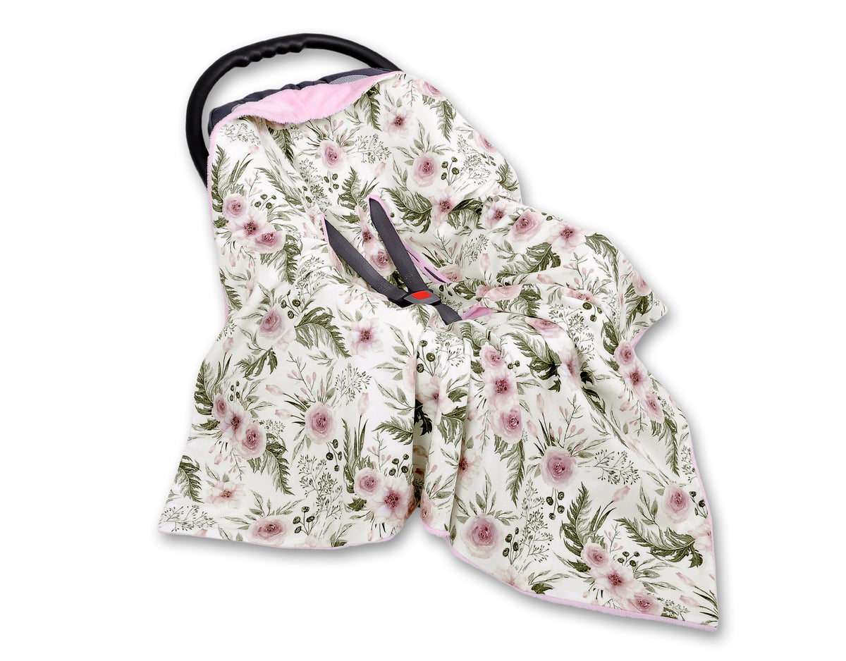Big double-sided car seat blanket for babies - peony flower pink