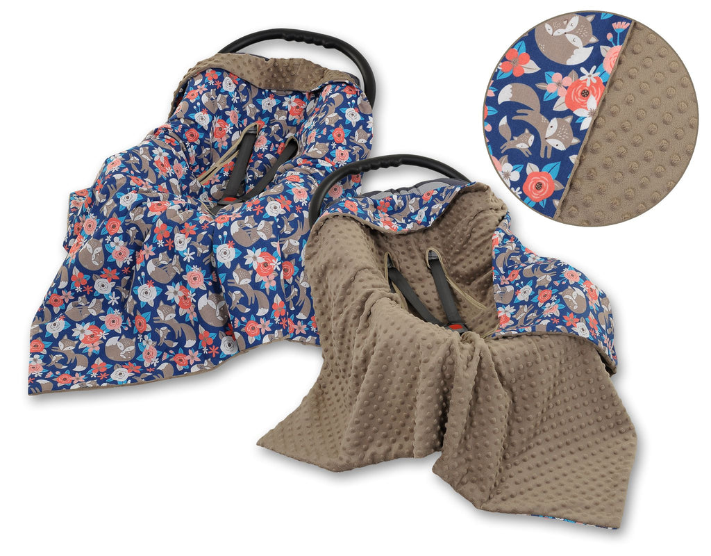 Big double-sided car seat blanket for babies - fox family on blue/brown