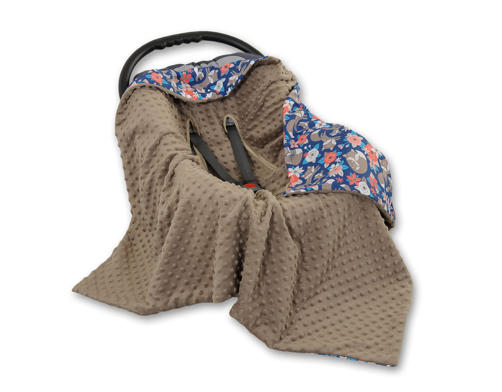 Big double-sided car seat blanket for babies - fox family on blue/brown