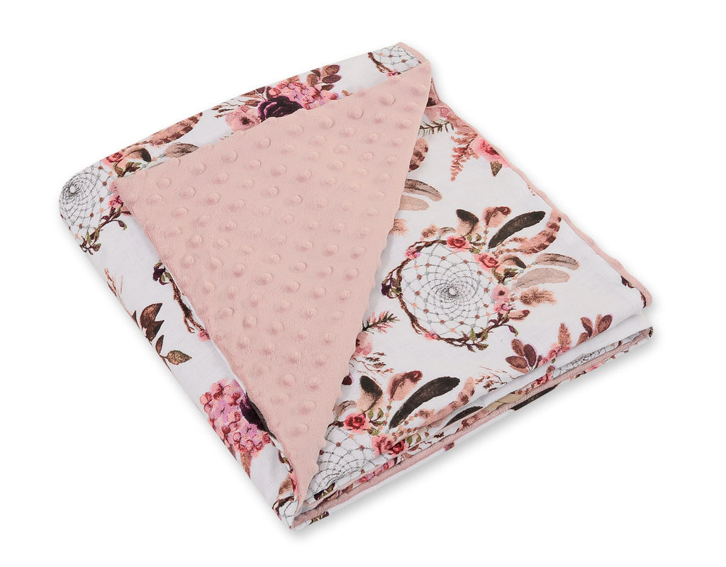 Big double-sided car seat blanket for babies - flower dream catchers/pastel pink