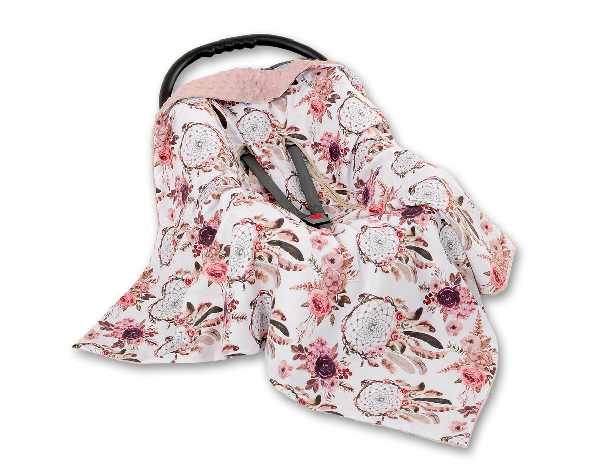 Big double-sided car seat blanket for babies - flower dream catchers/pastel pink