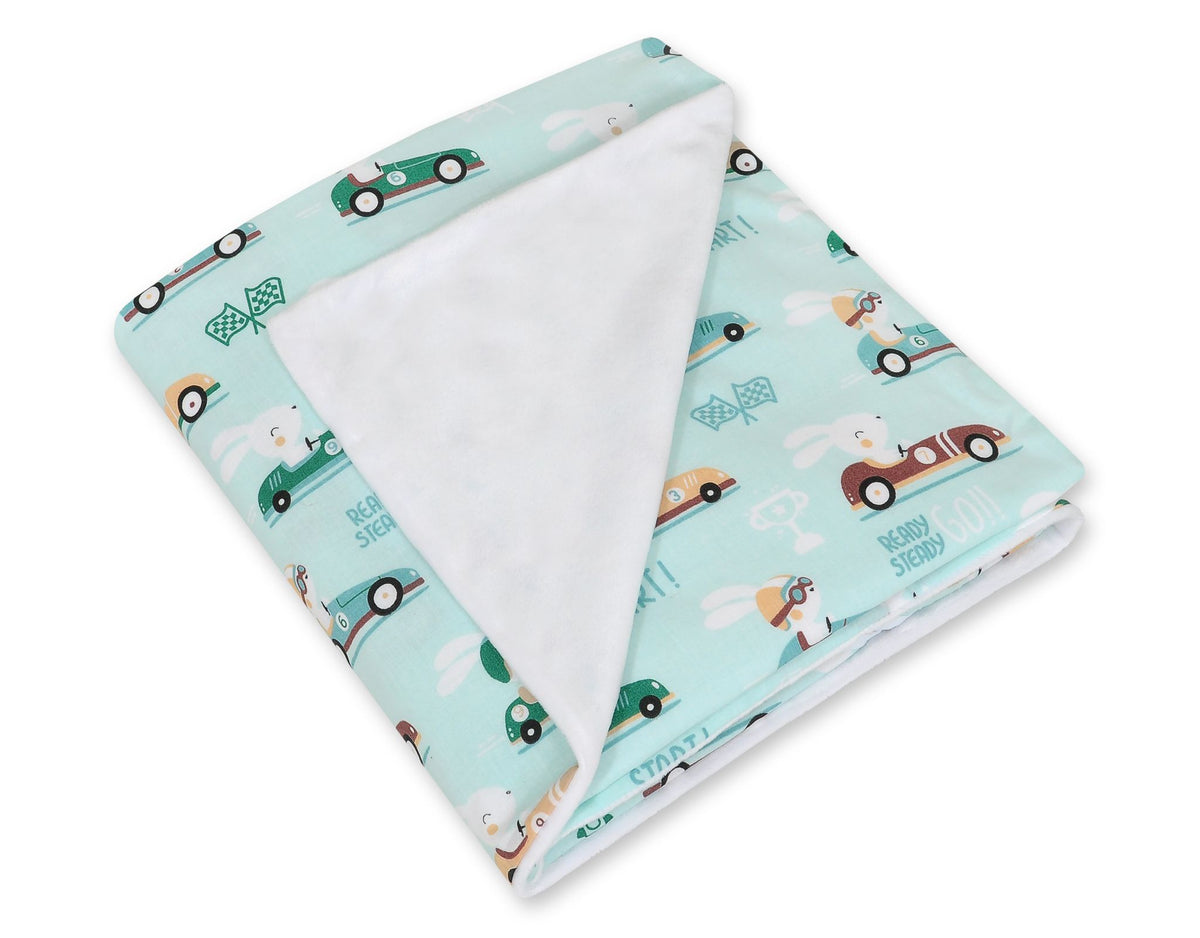 Big double-sided car seat blanket for babies - mint rabbits/white