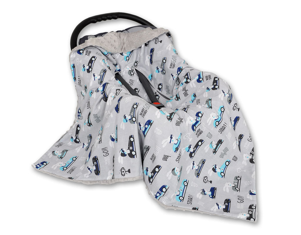 Big double-sided car seat blanket for babies - grey rabbits/grey