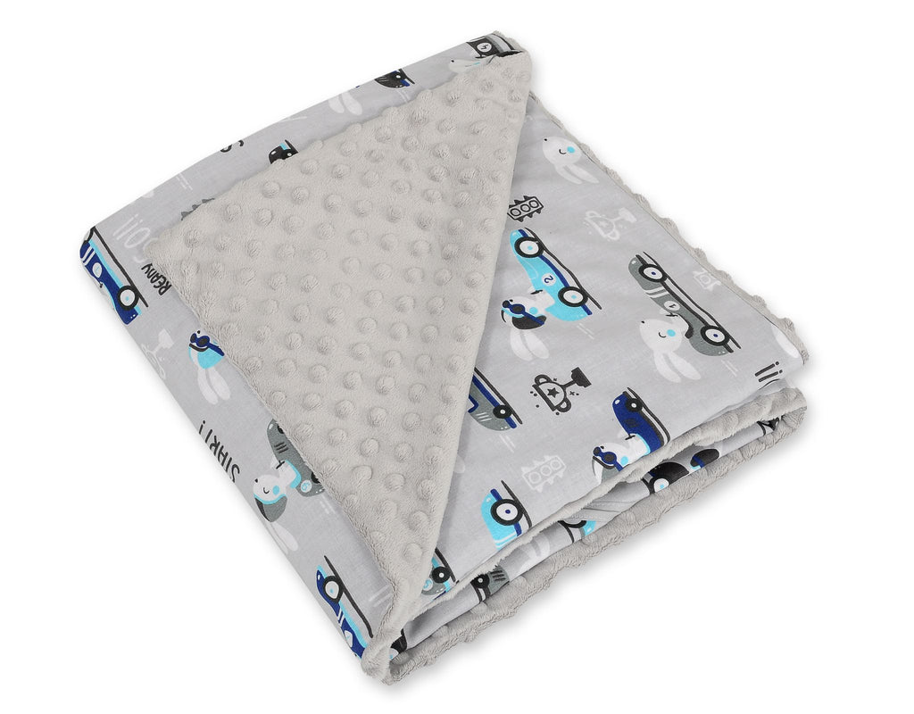 Big double-sided car seat blanket for babies - grey rabbits/grey
