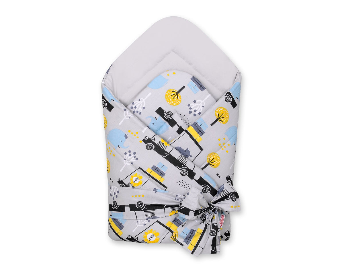 Double-sided baby nest with bow - animals in cars gray