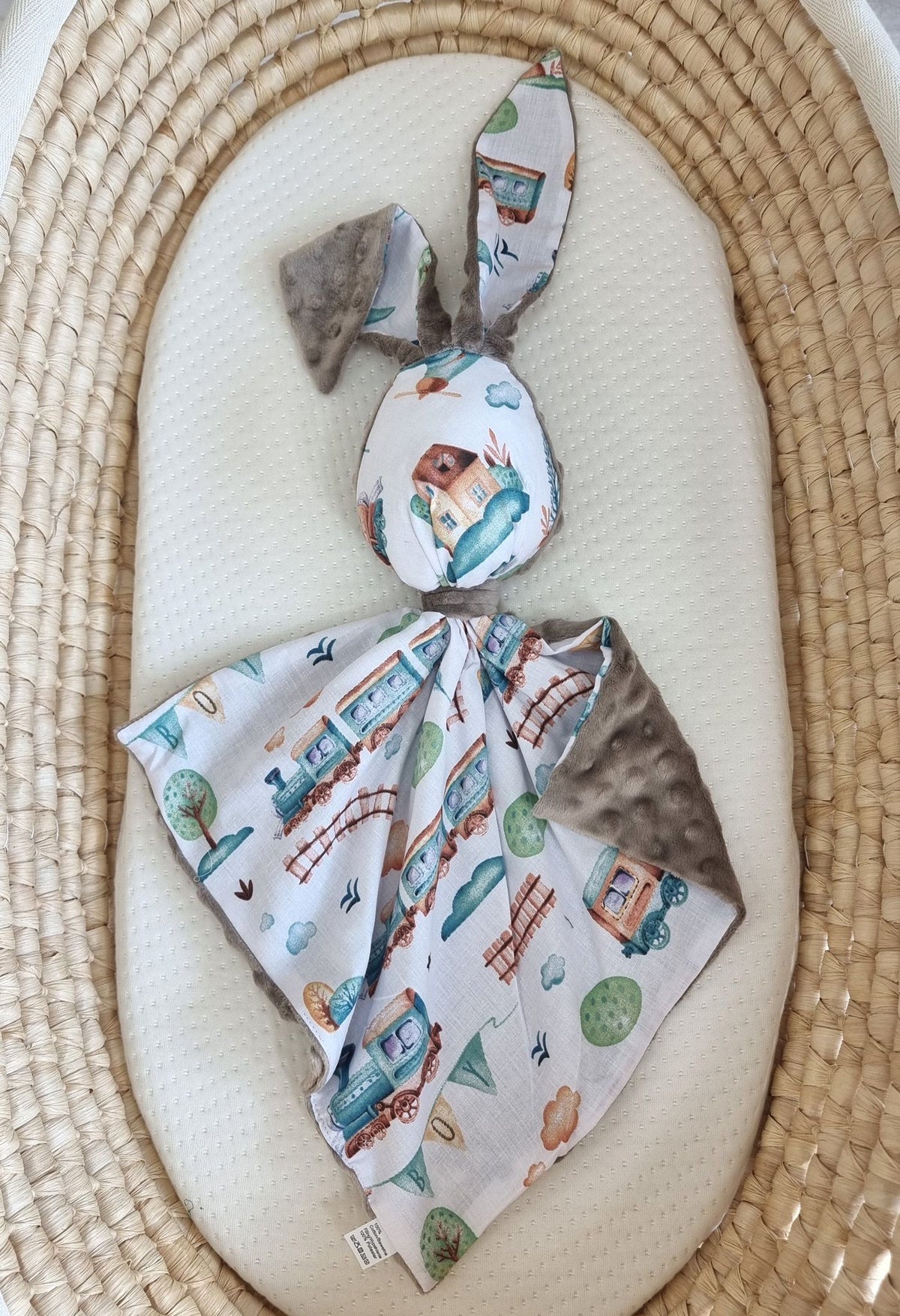 DOUDOU Cuddly bunny double-sided cotton and minky - Turquoise train - grey