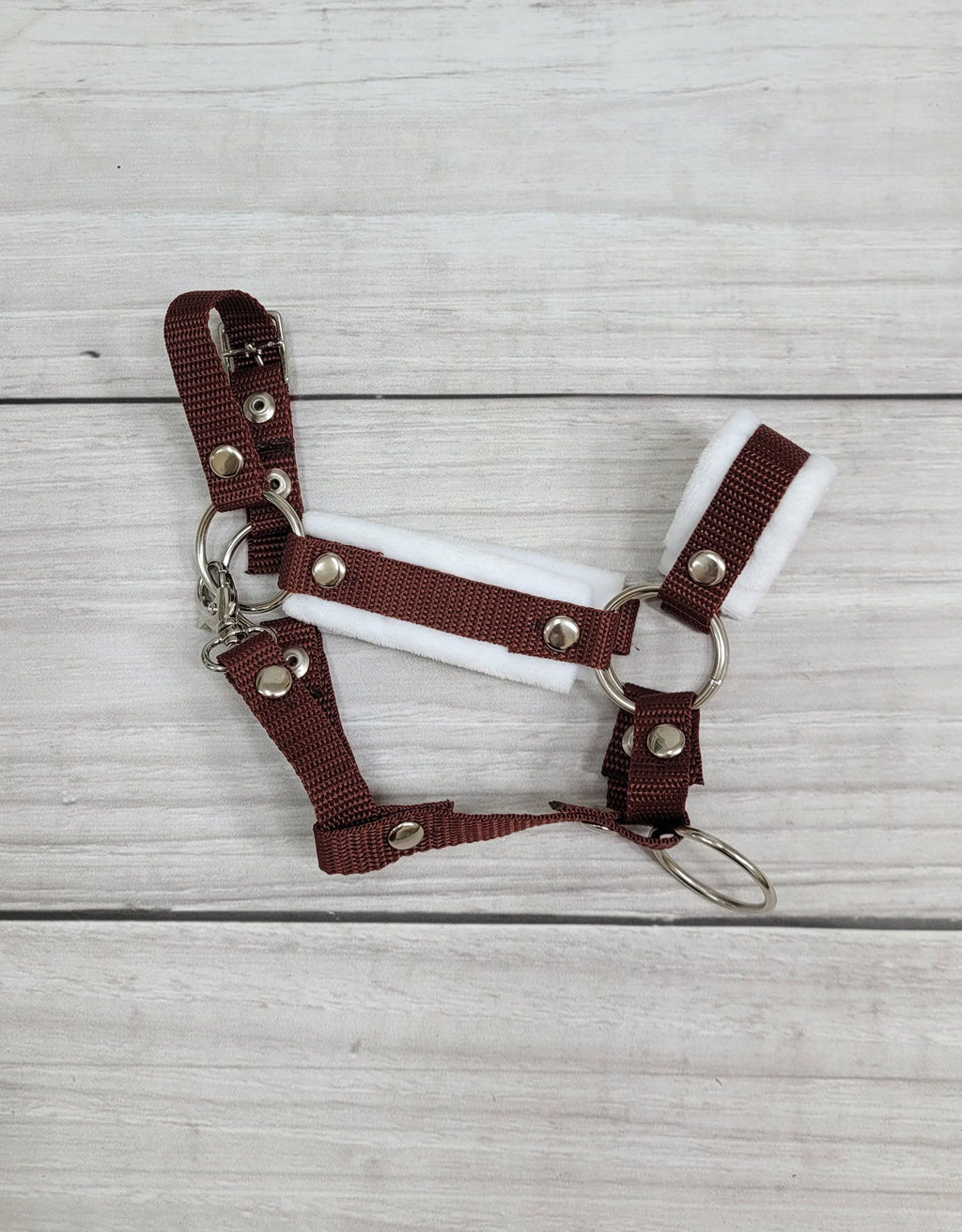 Set for Hobby Horse: the halter A3 with white furry + Tether made of cord - white-brown