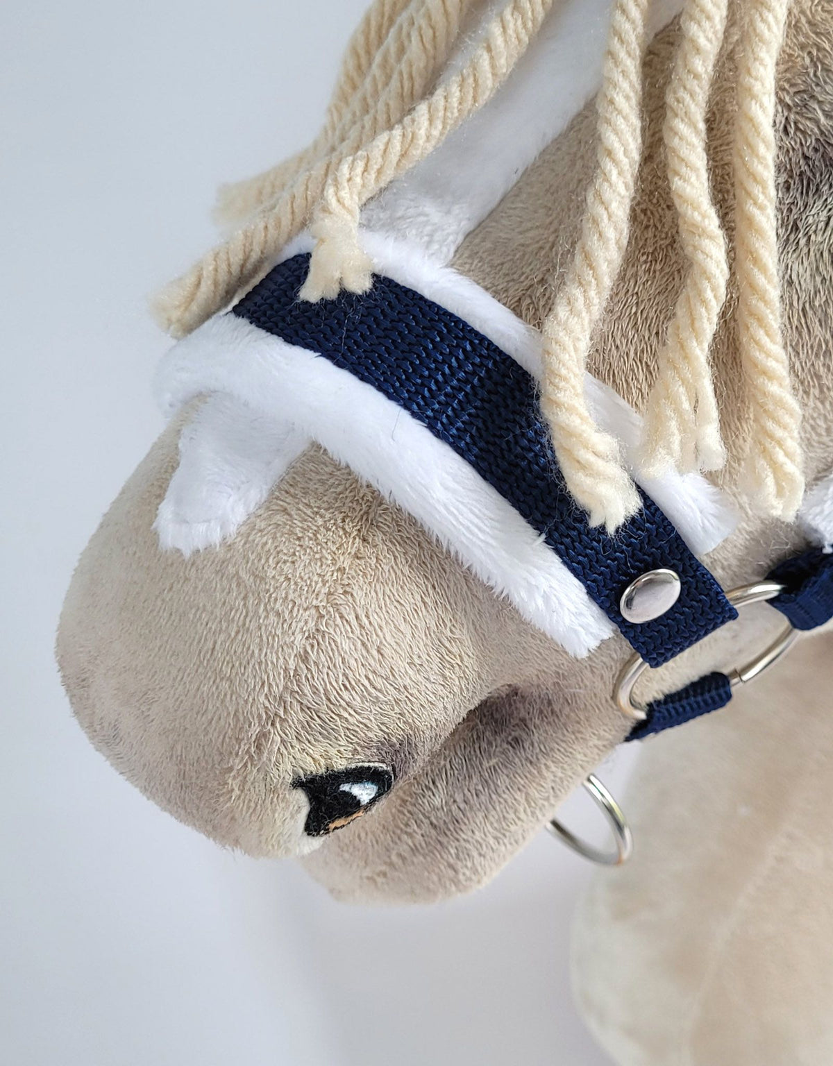 Set for Hobby Horse: the halter A3 with white furry + Tether made of cord - white-navy blue