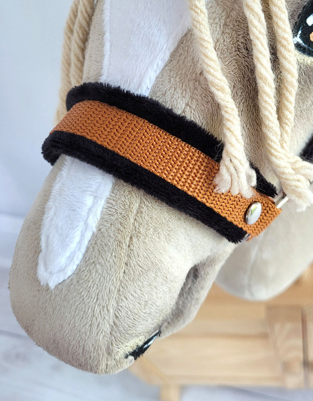 Set for Hobby Horse: the halter A3 with black furry + Tether made of cord - black-ginger