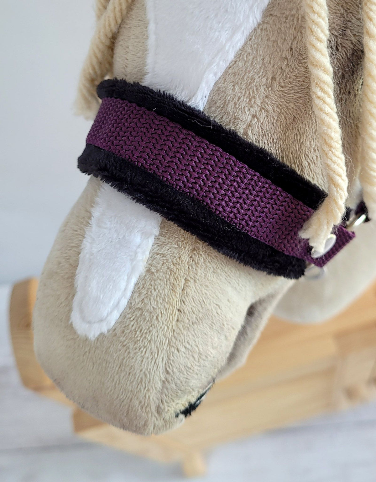 Set for Hobby Horse: the halter A3 with black furry + Tether made of cord - black-plum