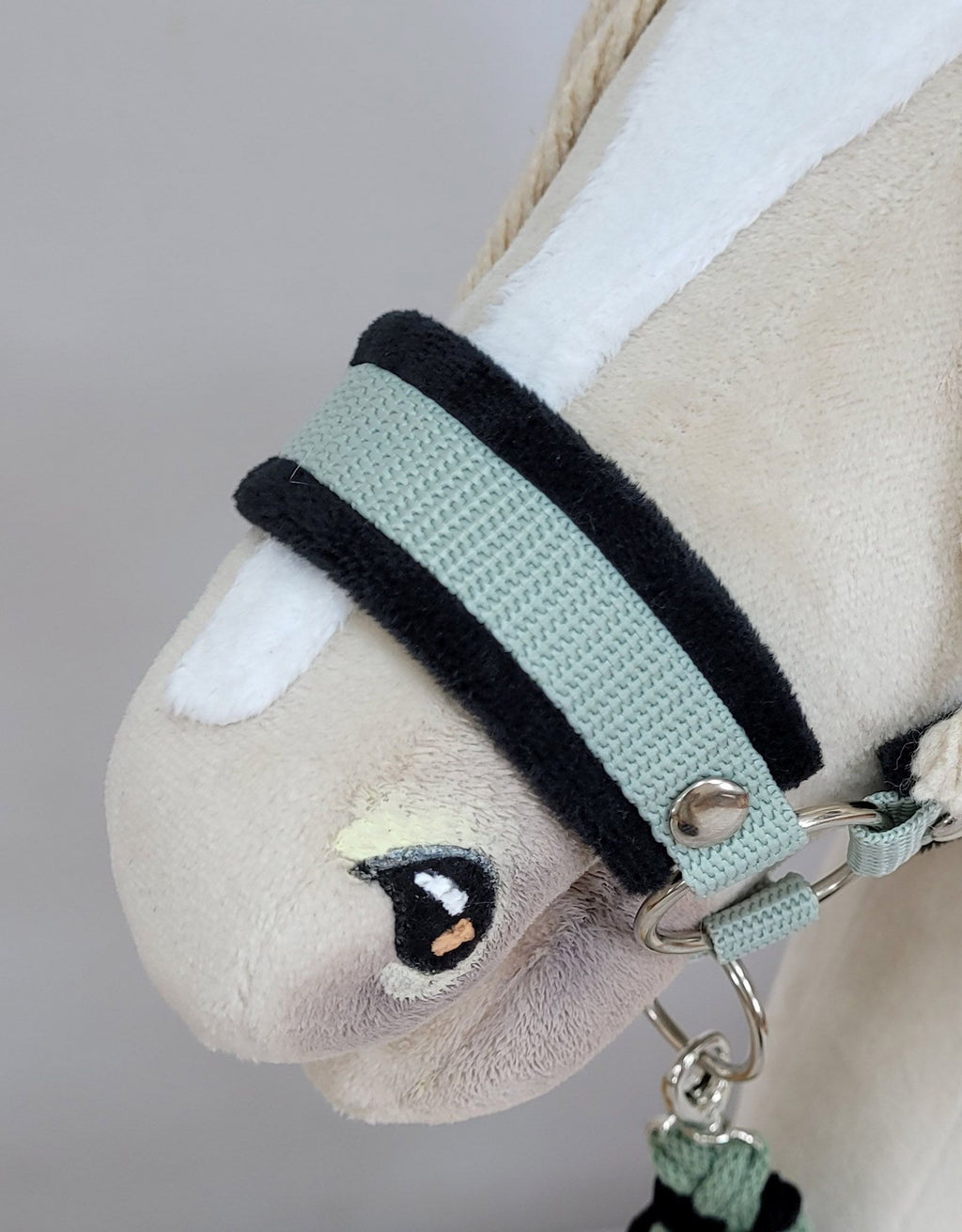 Set for Hobby Horse: the halter A3 with black furry + Tether made of cord - black-sage