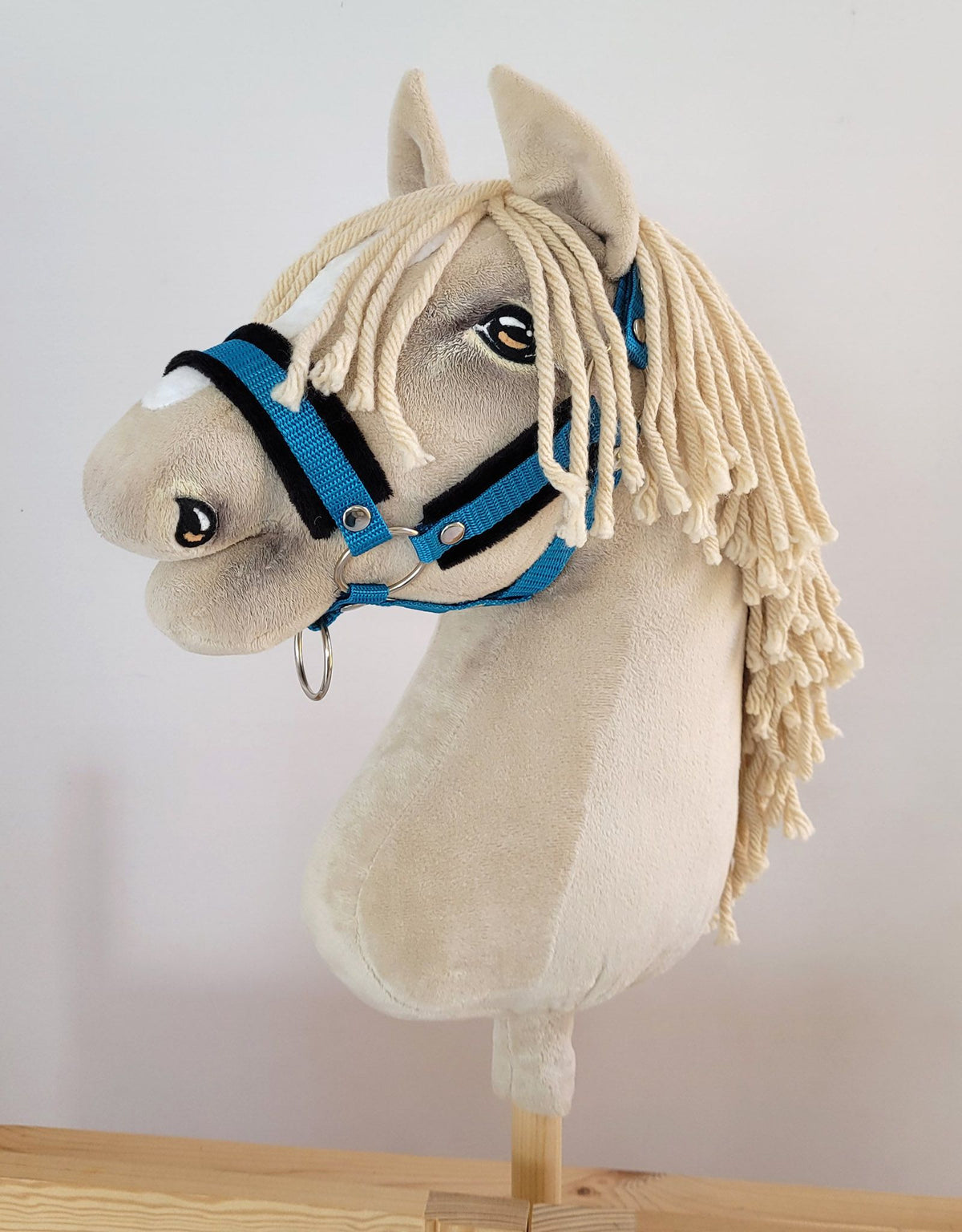 Set for Hobby Horse: the halter A3 with black furry + Tether made of cord - black-turquoise