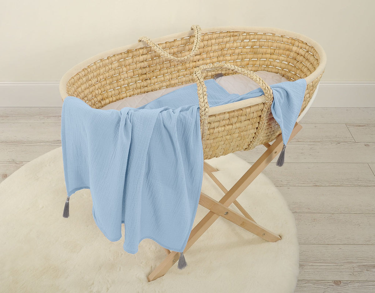 Muslin blanket for kids with tassels - blue