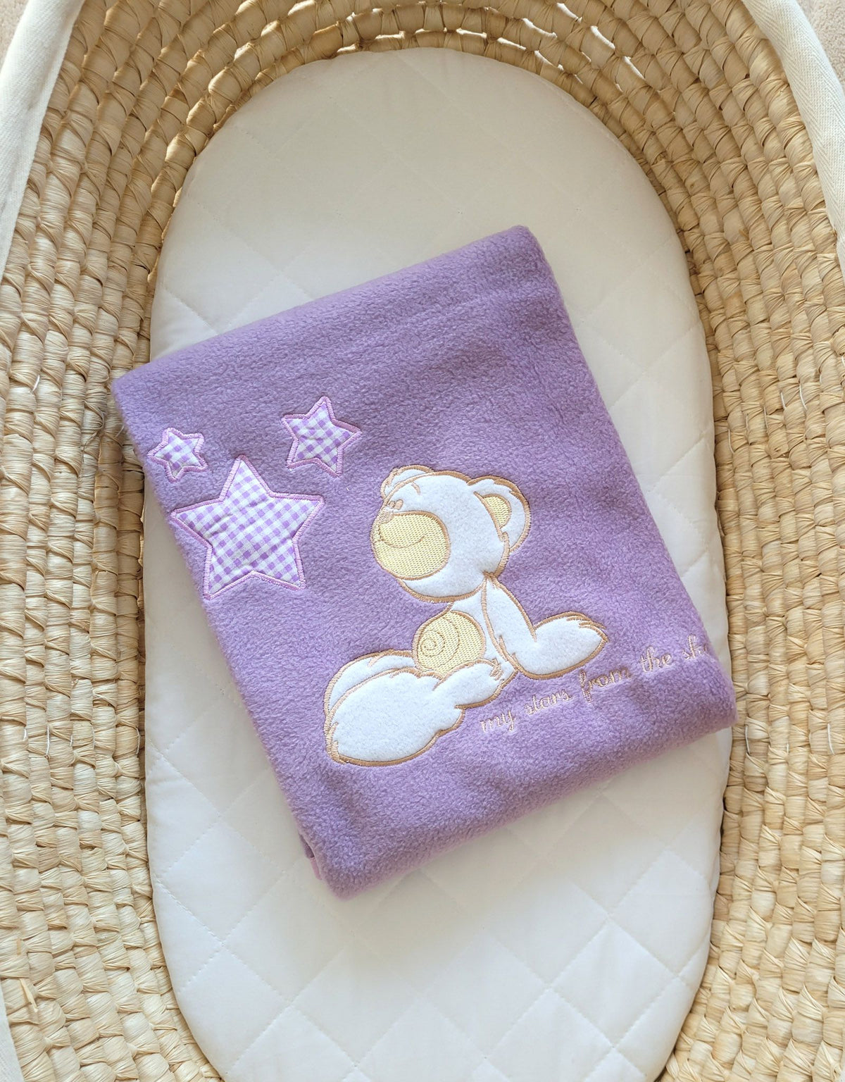 Polar fleece blanket for babies - Carlo- Teddy Bear with Stars lila