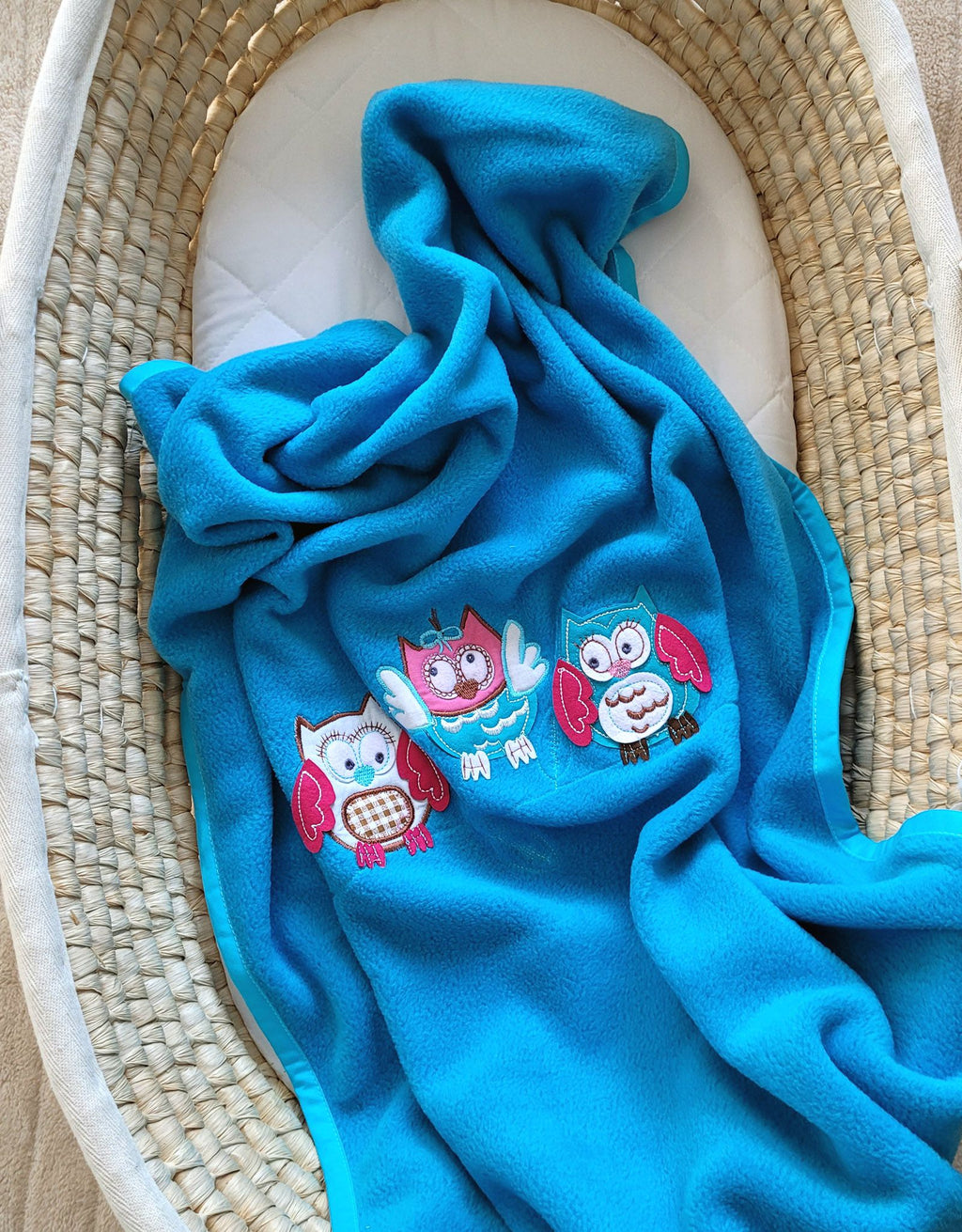 Polar fleece blanket for babies - Owls Bigi Zibi & Adele- turquoise