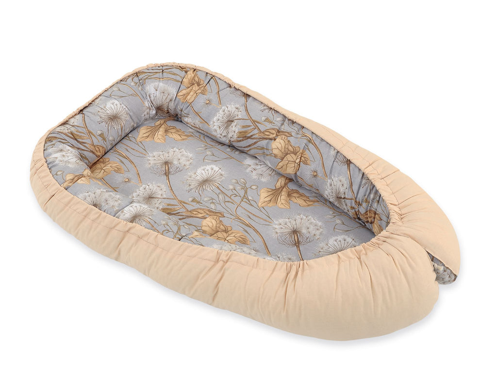 Baby nest double-sided Premium Cocoon for infants BOBONO- dandelions grey/ beige