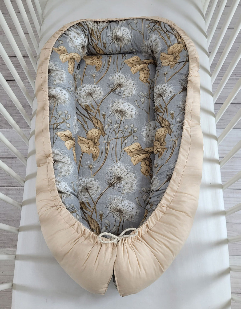 Baby nest double-sided Premium Cocoon for infants BOBONO- dandelions grey/ beige