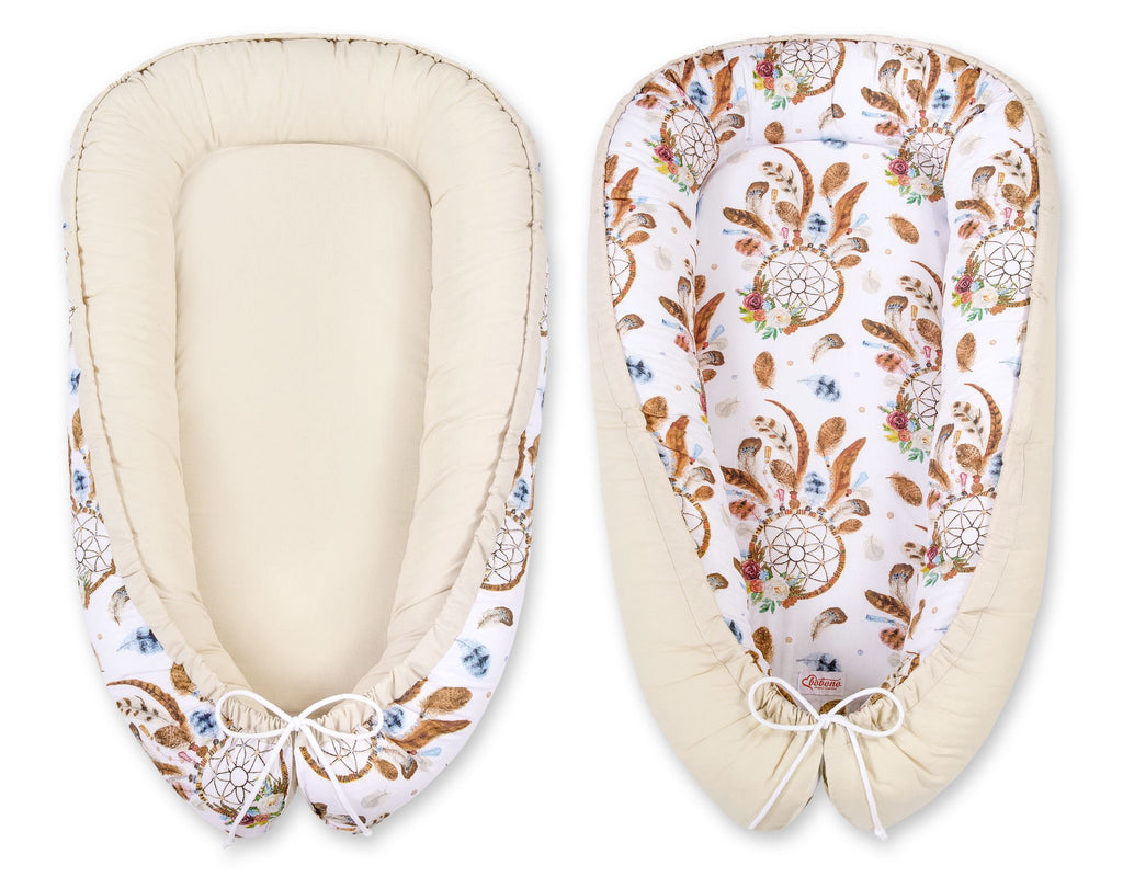 Baby nest double-sided Premium Cocoon for infants BOBONO- dream catchers white/beige