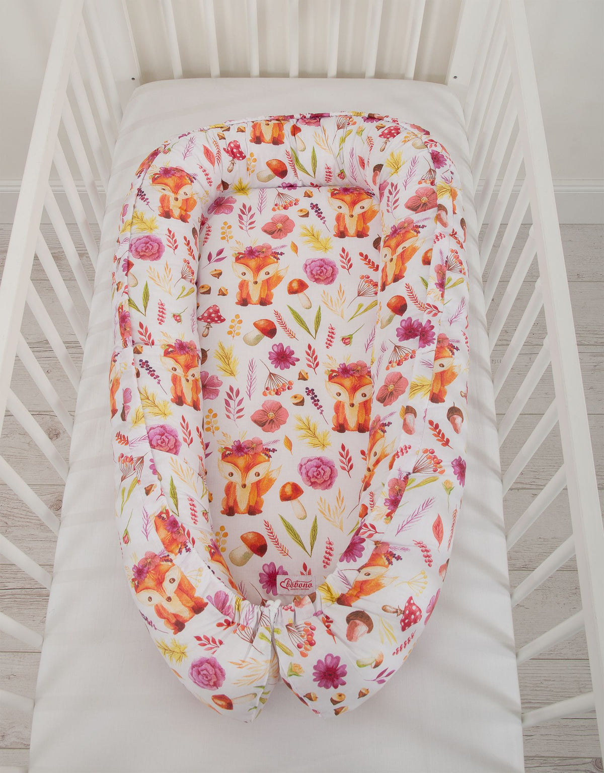 Baby nest double-sided Premium Cocoon for infants BOBONO- fox in a wreath