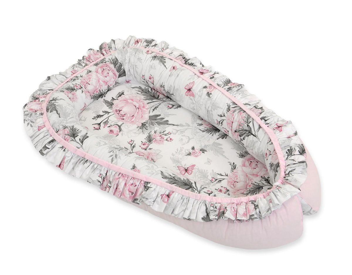 Baby nest Premium Cocoon for infants with a ruffle - Romantic peonies