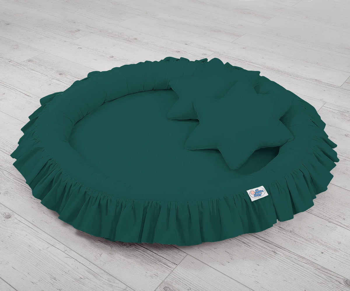 Set: Hanging baldachin for children's room cotton + nest with flounce + pillows - bottle green