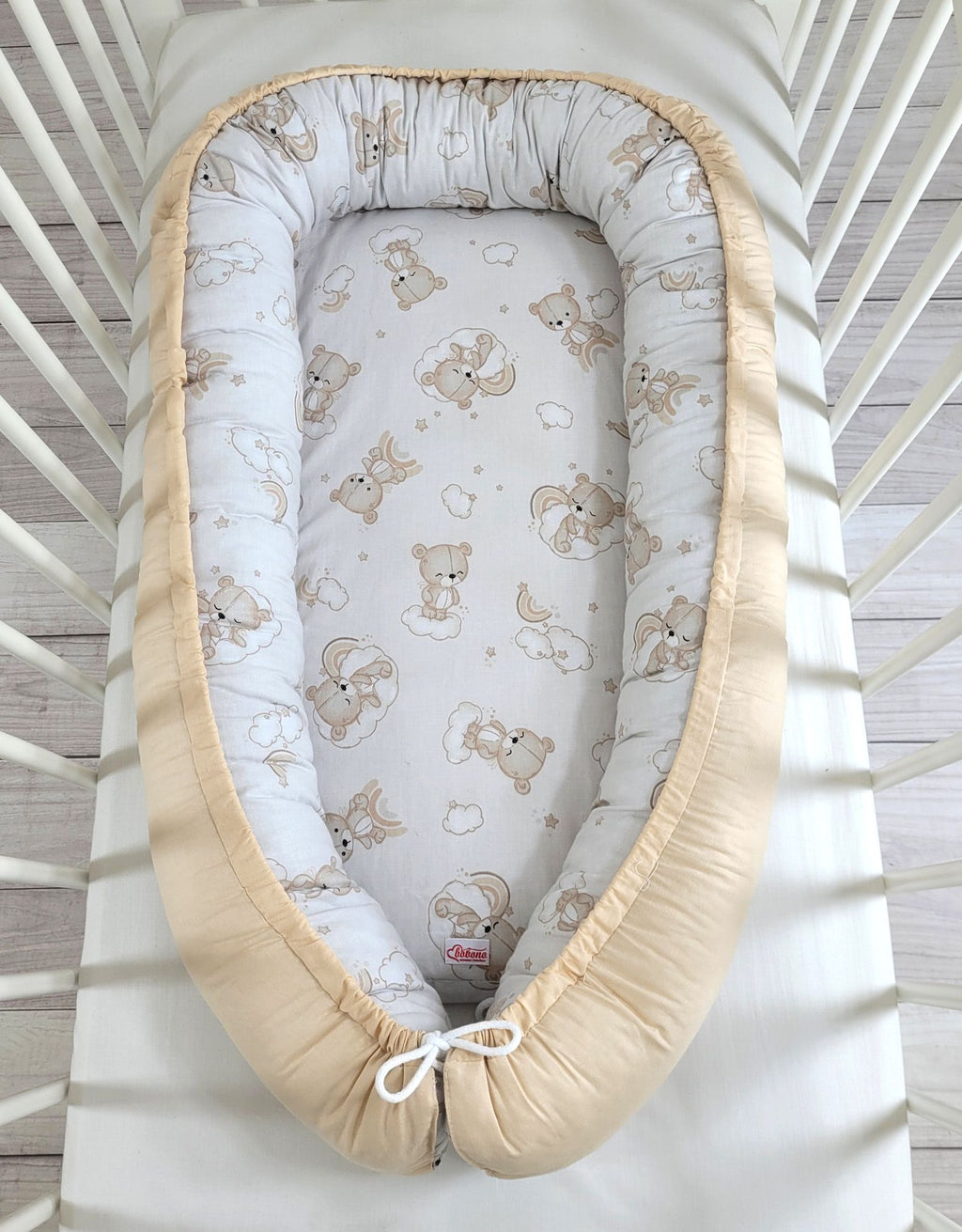 Baby nest double-sided Premium Cocoon for infants BOBONO- rainbow beige bear/ beige
