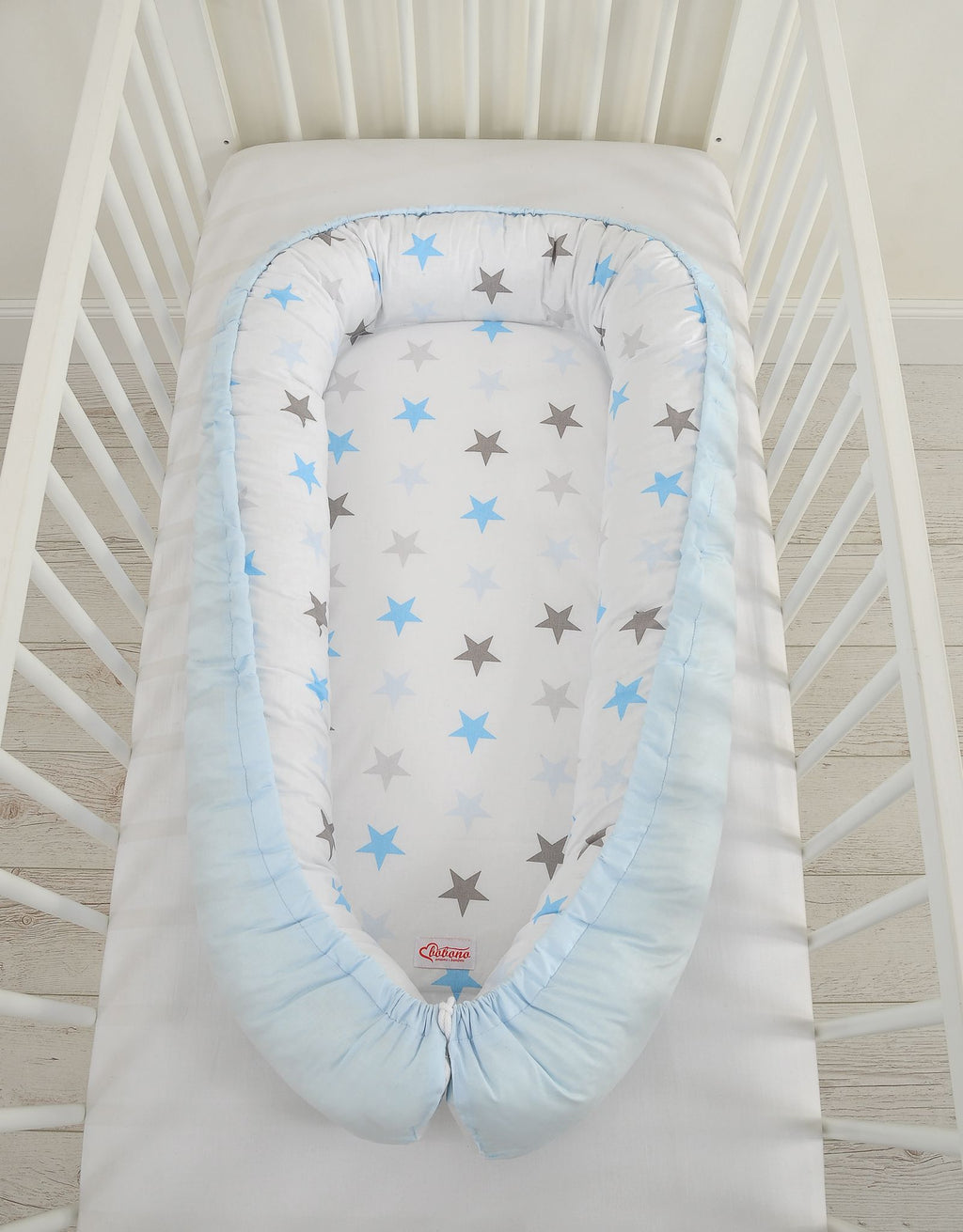 Baby nest double-sided Premium Cocoon for infants BOBONO- gray-blue stars/ blue