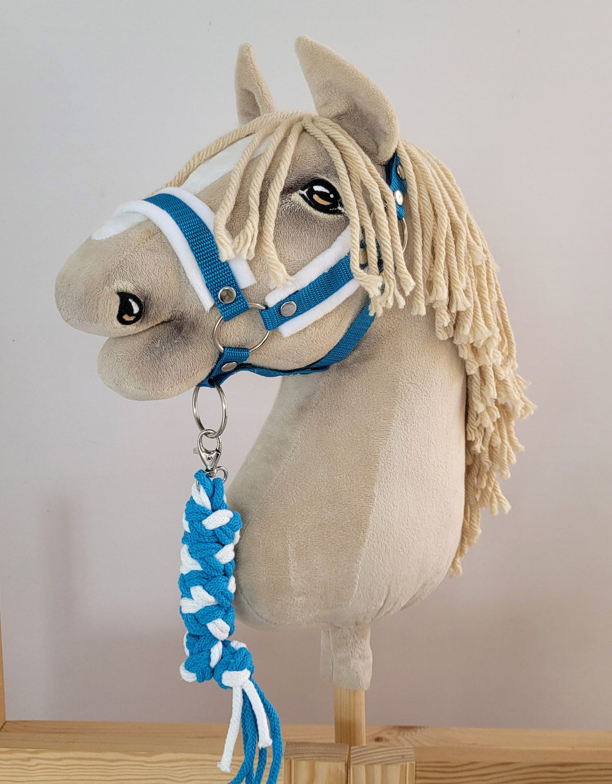 Set for Hobby Horse: the halter A3 with white furry + Tether made of cord - white-turquoise