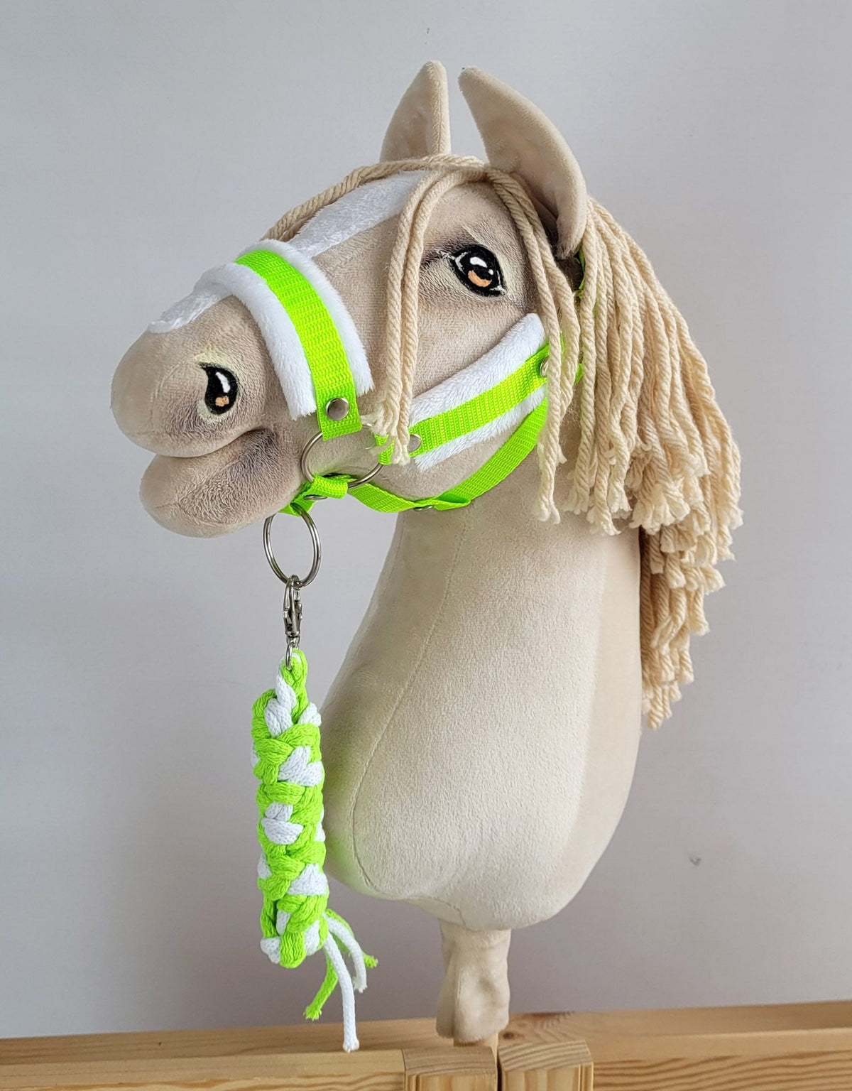 Set for Hobby Horse: the halter A3 with white furry + Tether made of cord - neon-green/ white