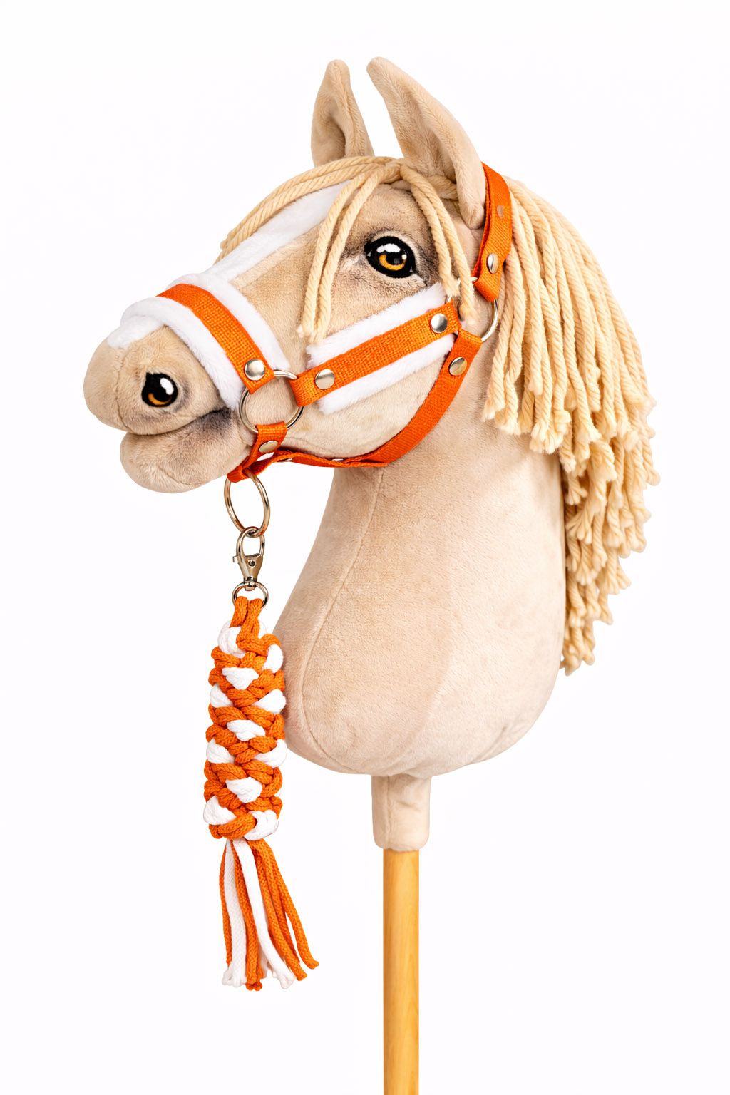 Set for Hobby Horse: the halter A3 with white furry + Tether made of cord - neon-orange/ white