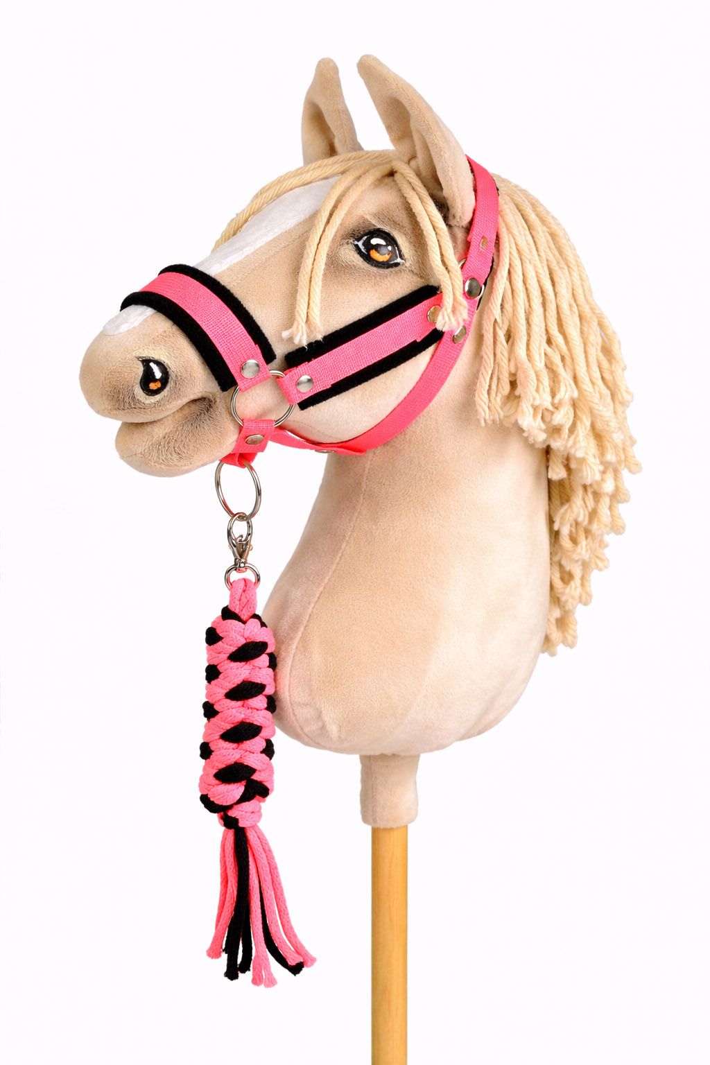 Set for Hobby Horse: the halter A3 with black furry + Tether made of cord - neon-pink/ black
