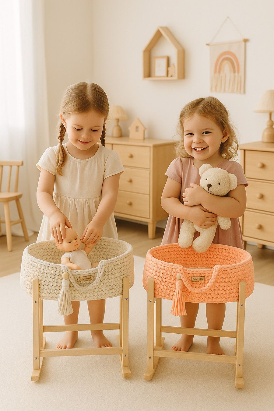 Moses basket BOHO cotton doll carrier with cradle - peach