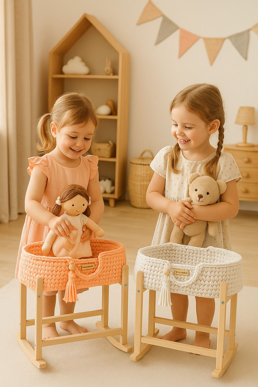 Moses basket BOHO cotton doll carrier with cradle - light beige