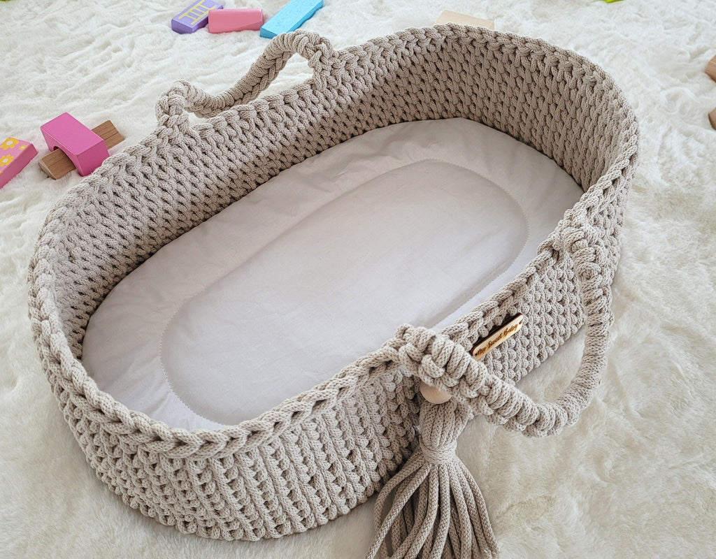 Moses basket BOHO cotton doll carrier with cradle - light beige