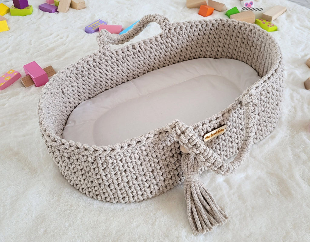 Moses basket BOHO cotton doll carrier with cradle - light beige