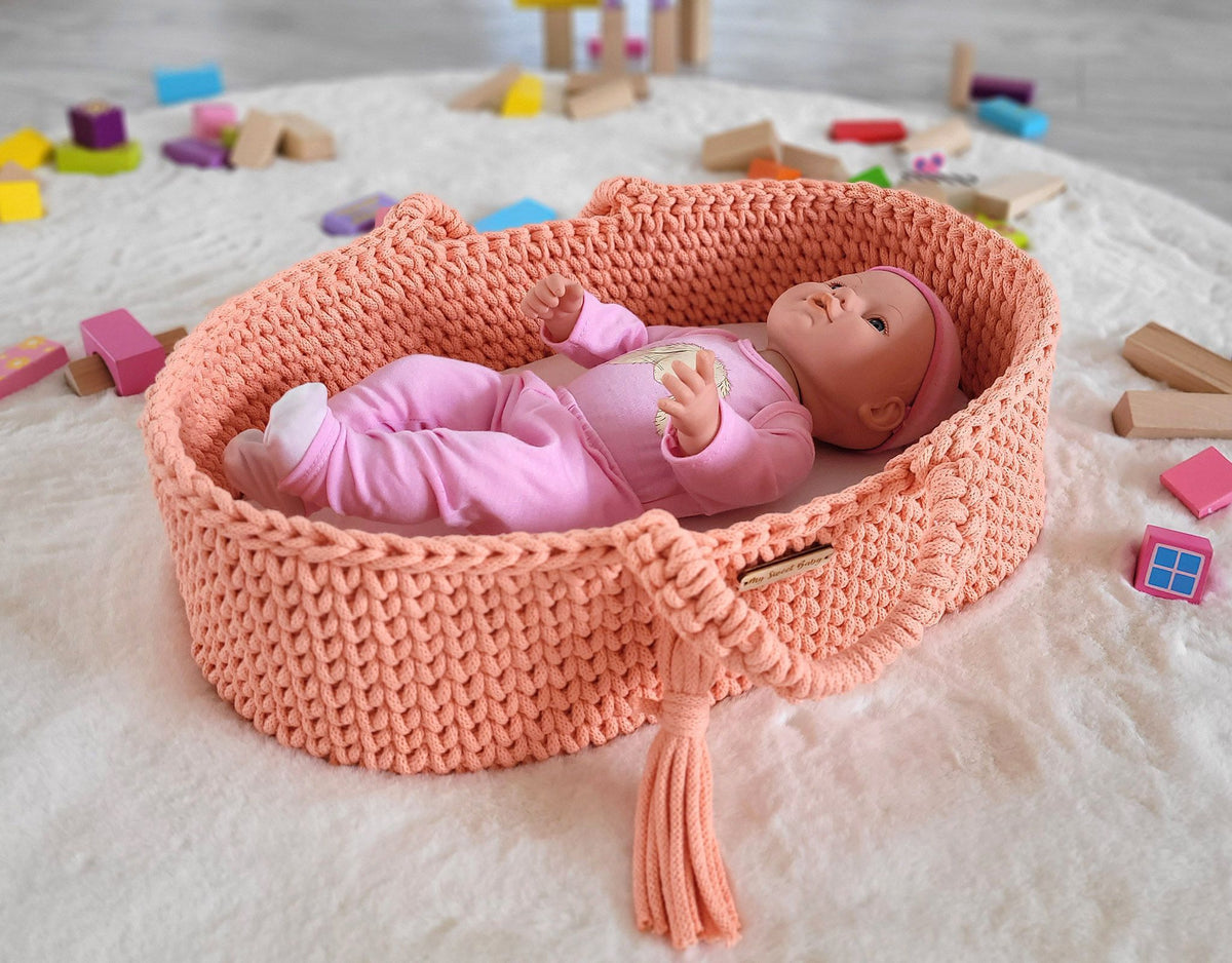 Moses basket BOHO cotton doll carrier with cradle - peach