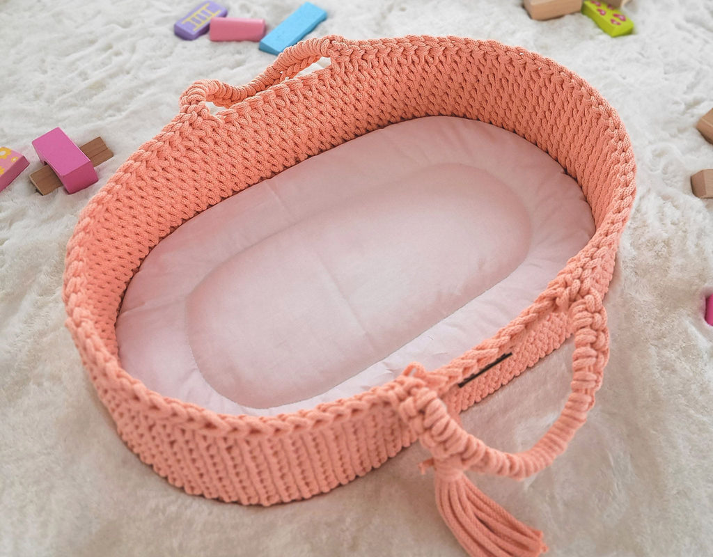 Moses basket BOHO cotton doll carrier with cradle - peach