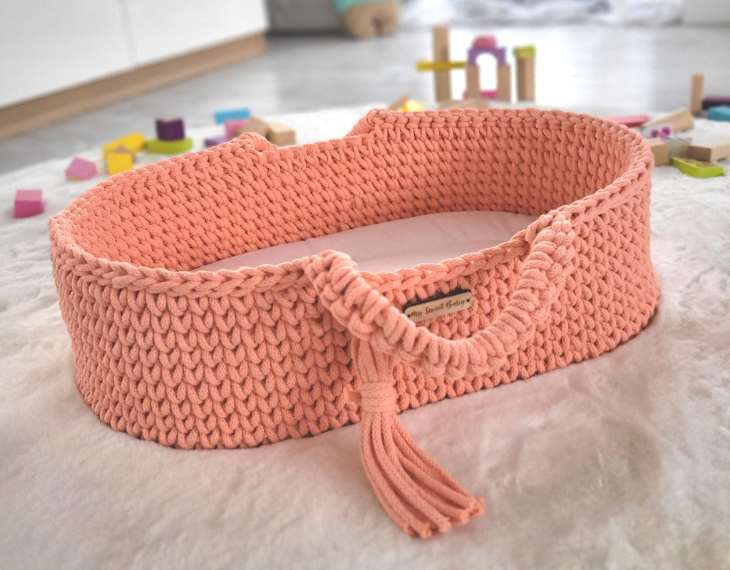 Moses basket BOHO cotton doll carrier with cradle - peach