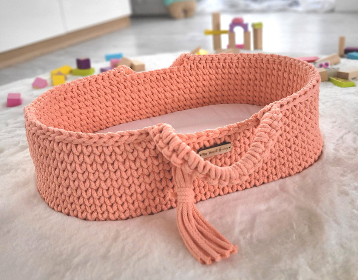 Moses basket BOHO cotton doll carrier with cradle - peach