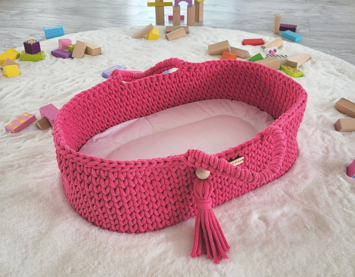 Moses basket BOHO cotton - doll carrier - fuchsia