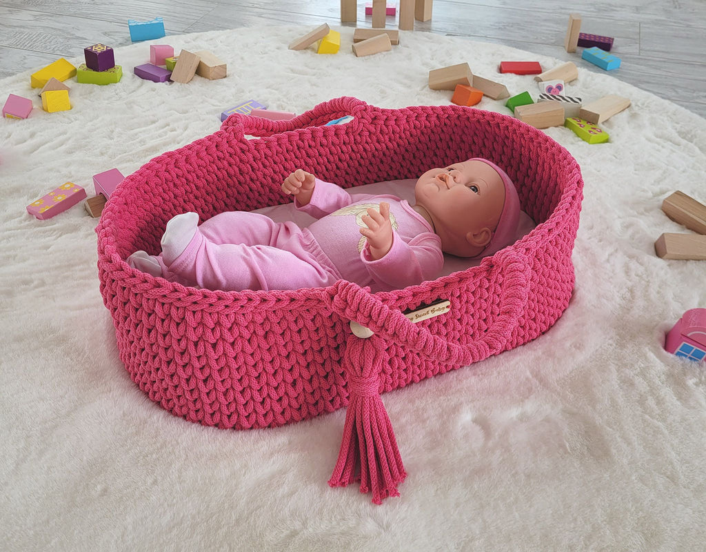 Moses basket BOHO cotton doll carrier with cradle - fuchsia