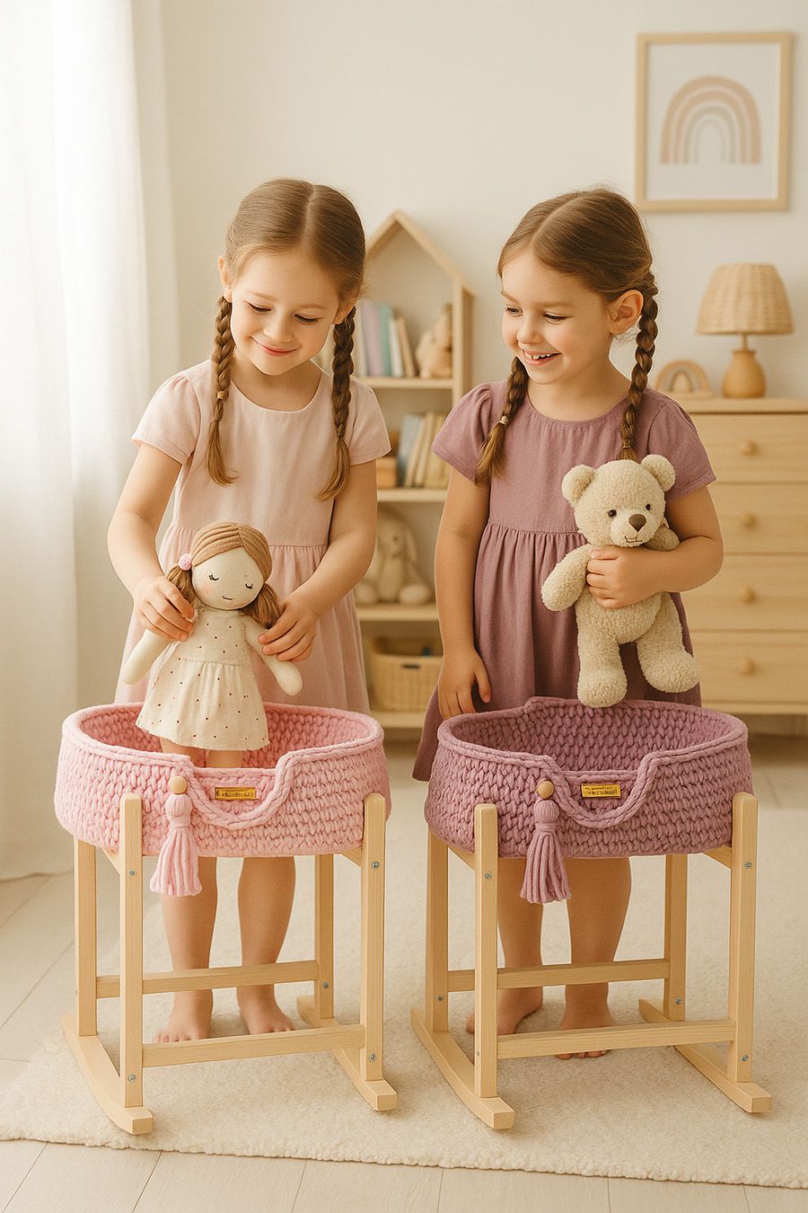 Moses basket BOHO cotton doll carrier with cradle - lavender