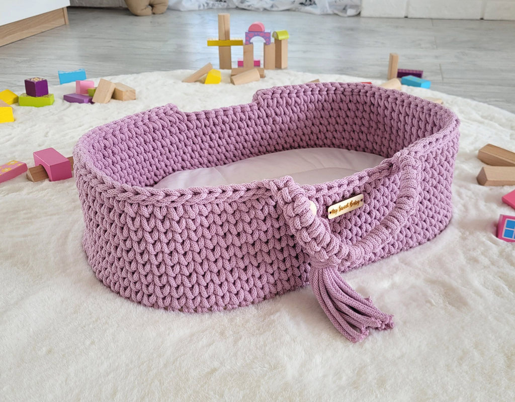 Moses basket BOHO cotton doll carrier with cradle - lavender