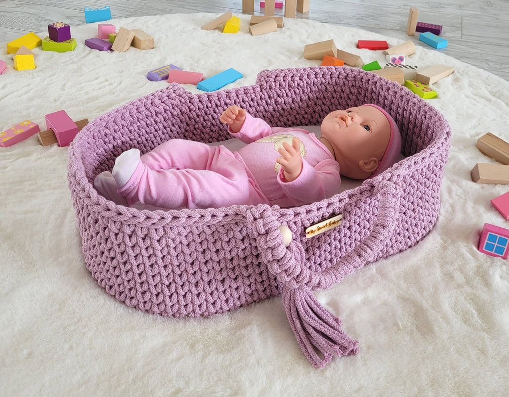 Moses basket BOHO cotton doll carrier with cradle - lavender
