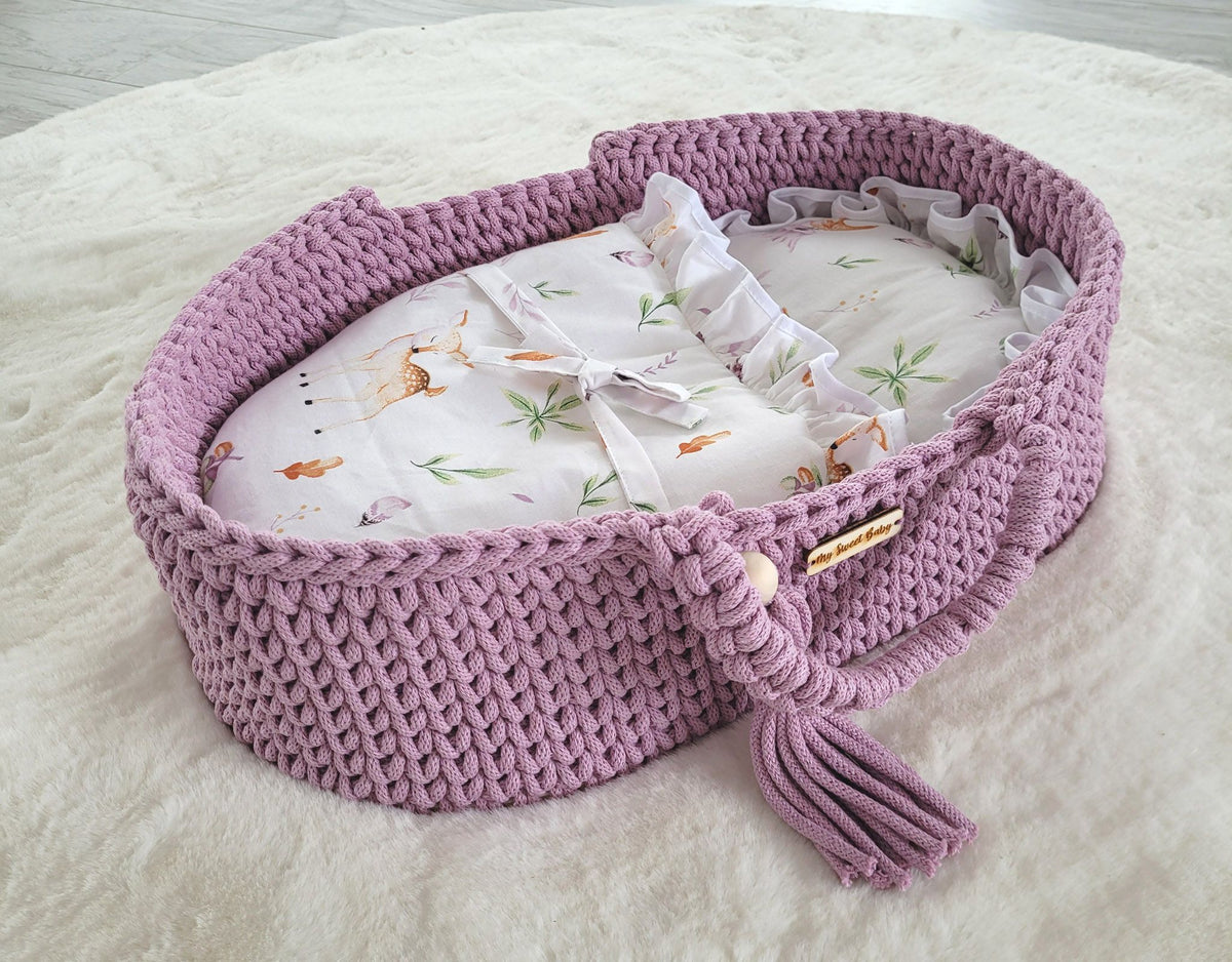 Moses basket BOHO cotton doll carrier with cradle - lavender