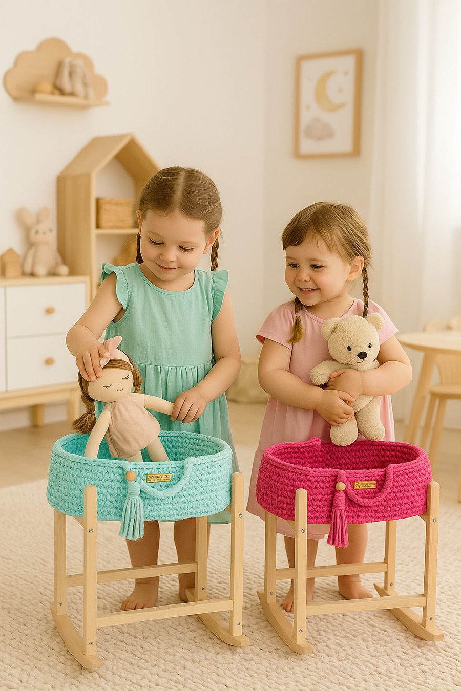 Moses basket BOHO cotton doll carrier with cradle - mint