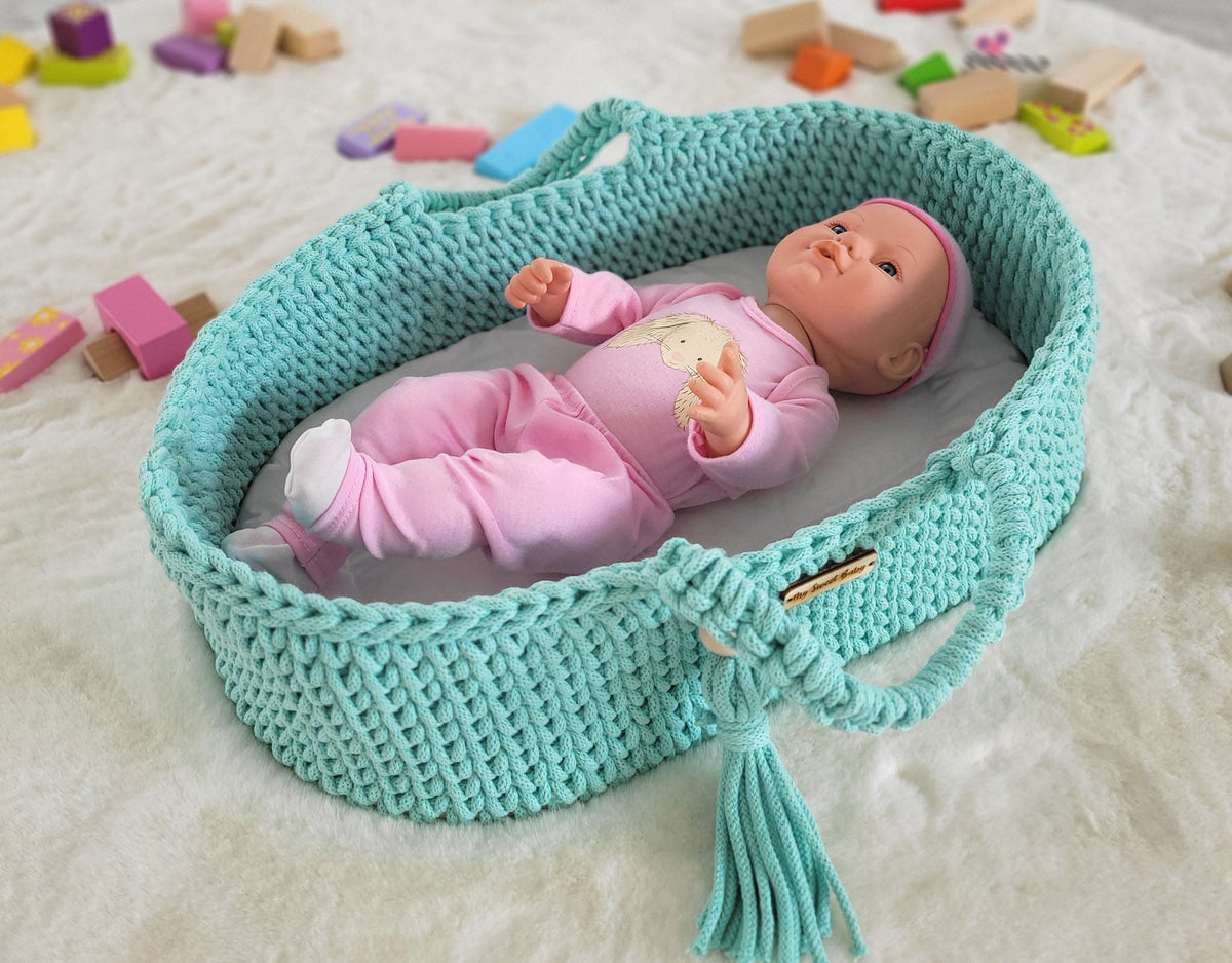Moses basket BOHO cotton doll carrier with cradle - mint